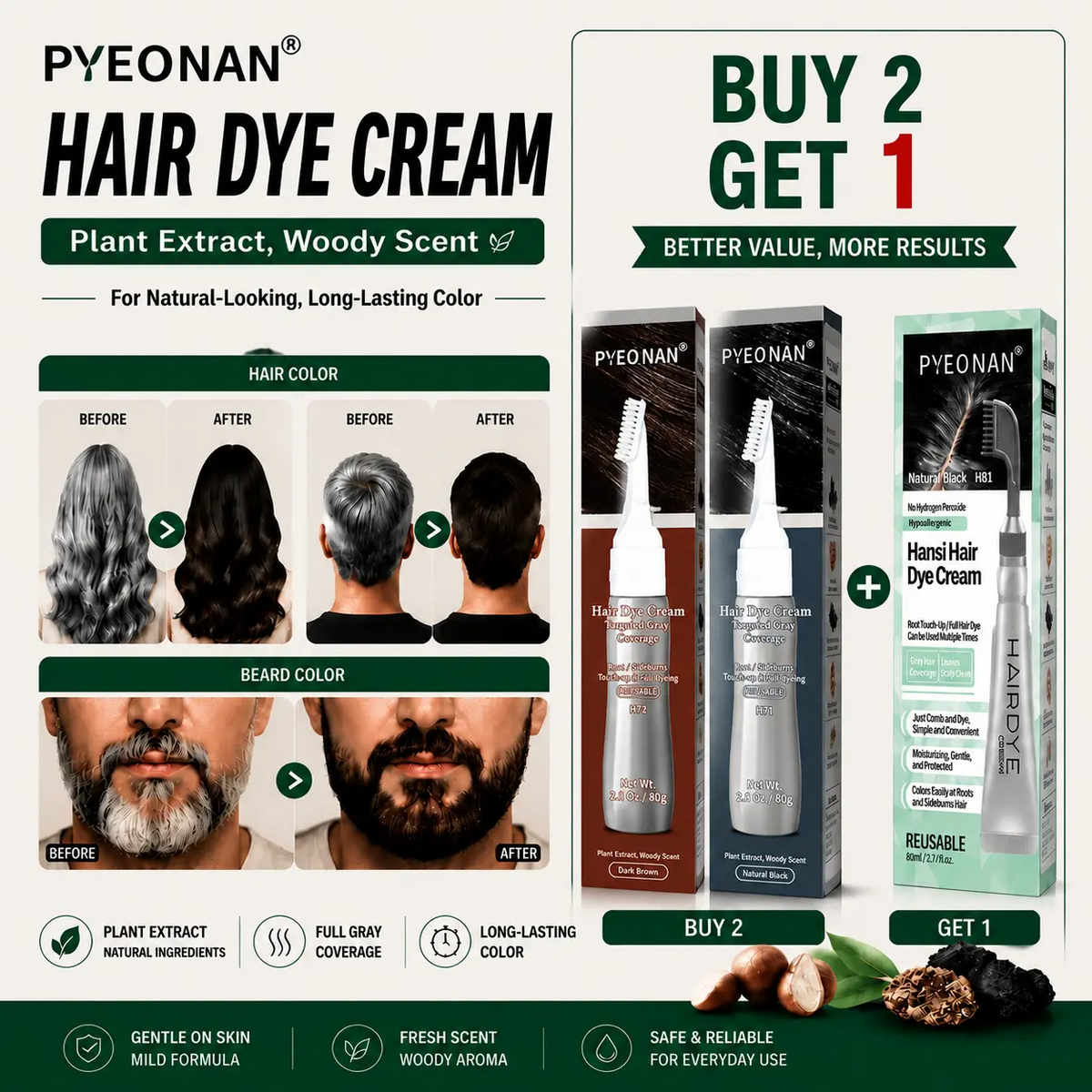 Herbal Hair Dye Cream – Gray Coverage, Alcohol-Free, Natural Scent