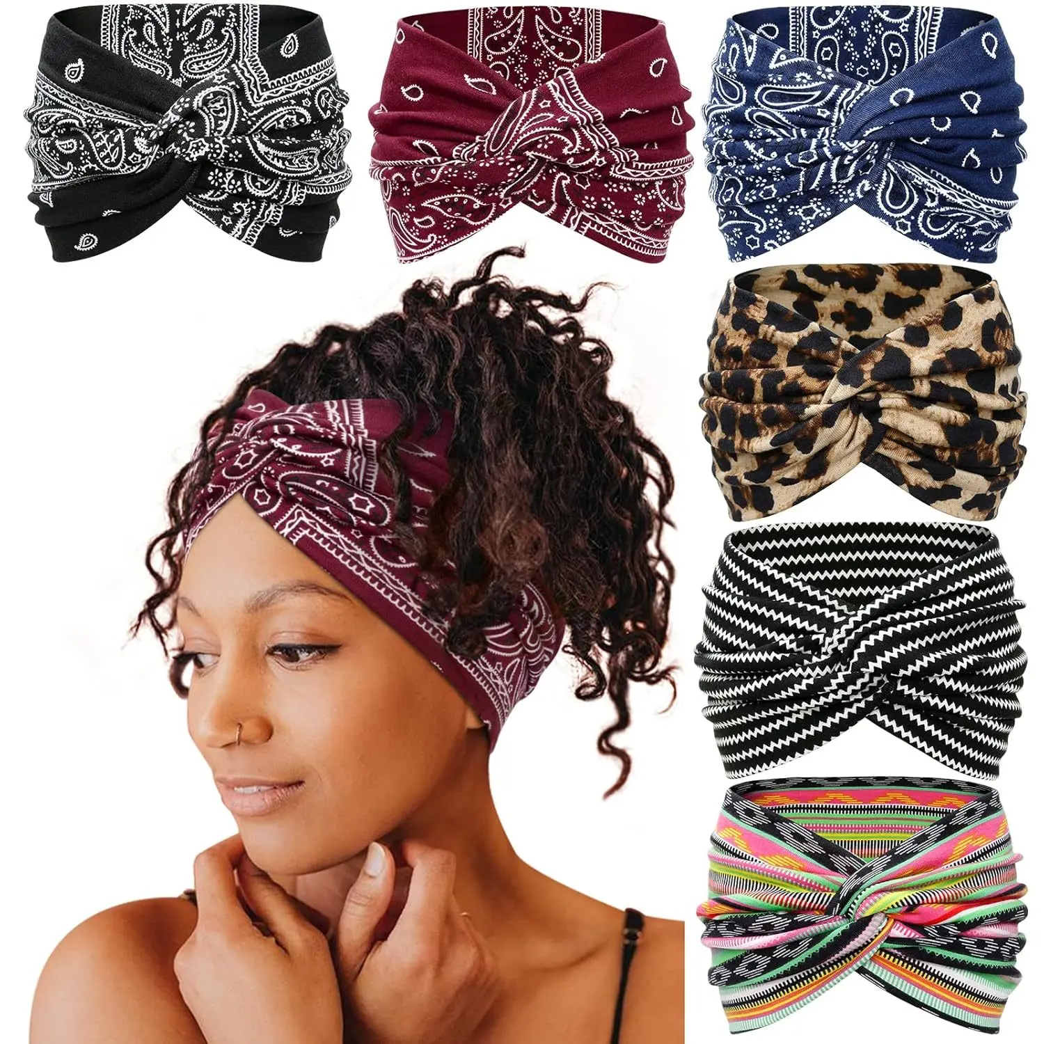 6-Pack Boho Wide Headbands – Stretchy Yoga & Workout Hair Wraps for Women