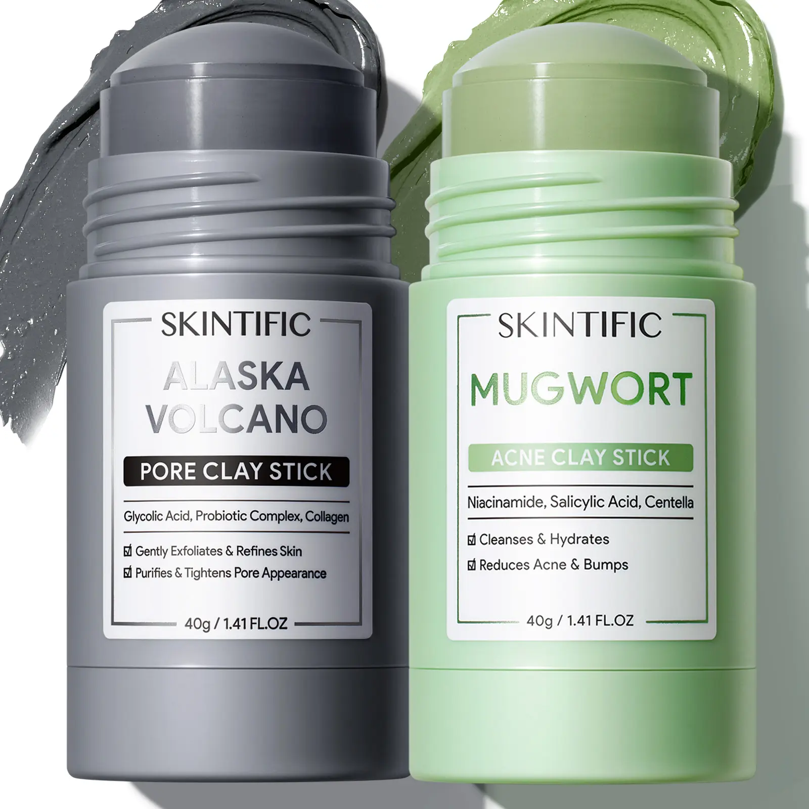 Clay Stick 2PCS Combo – Mugwort Clarifying / Volcano Detox / Bright Boost Even Tone Deep Pore Cleansing Oil Control Non-Stripping