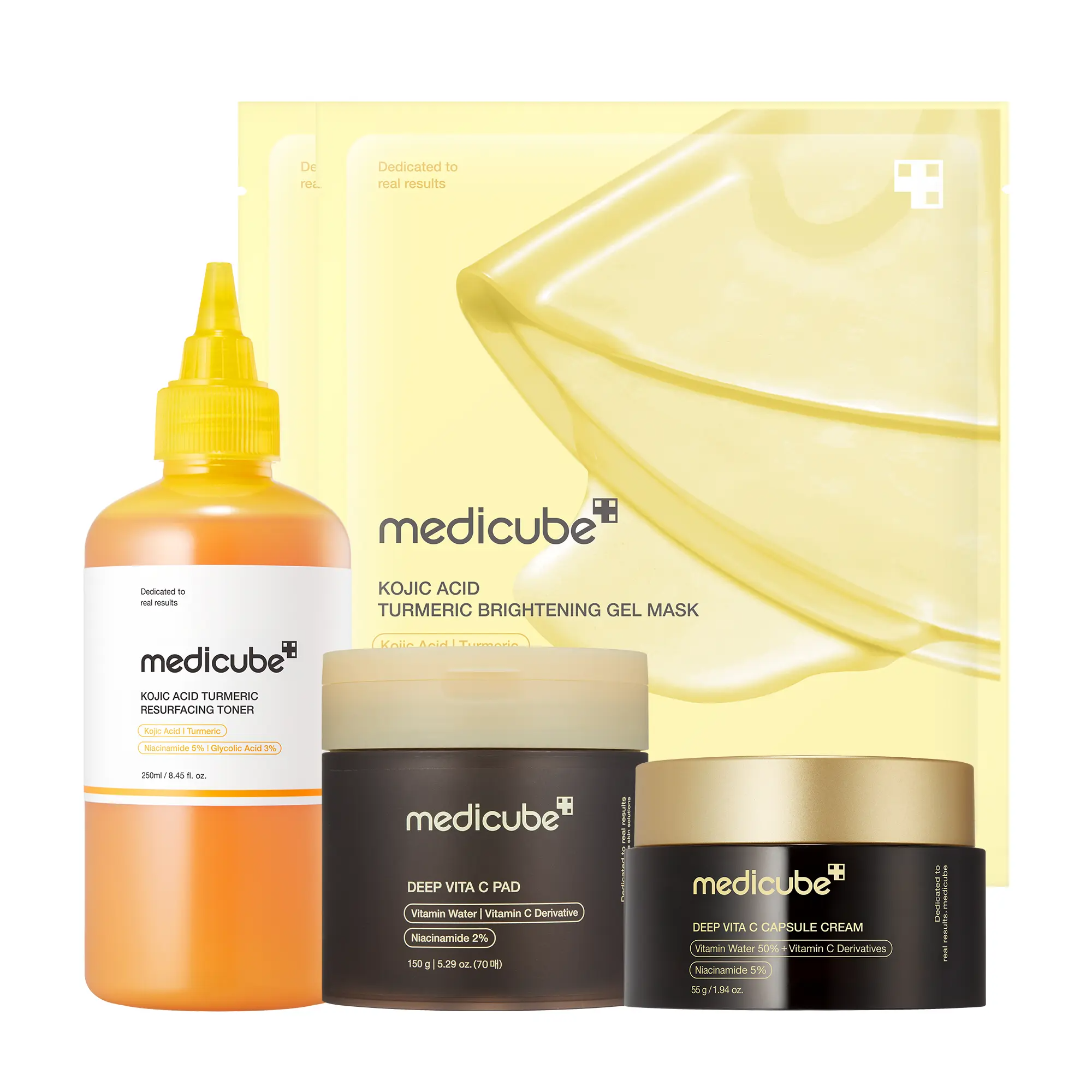 Clear & Glow on a Budget SET | Kojic Acid Turmeric Toner for Face & Body, Vita C Toner Pads, Vita C Capsule Cream, Kojic Acid Turmeric Gel Mask
