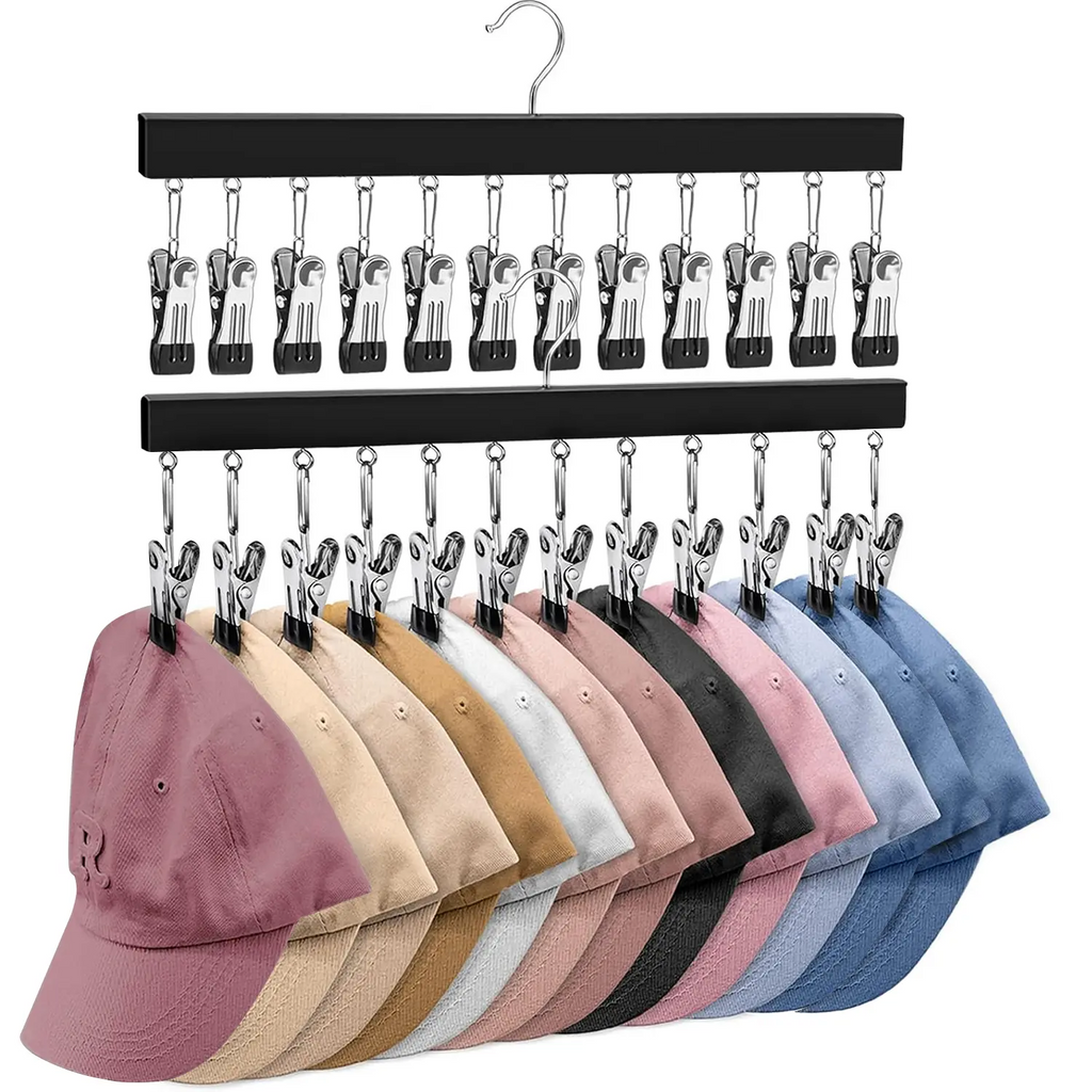 Wooden Hat Organizer with Stainless Steel Clips – Holds Caps, Jeans & Pants | 2, 4 & 6 Pack