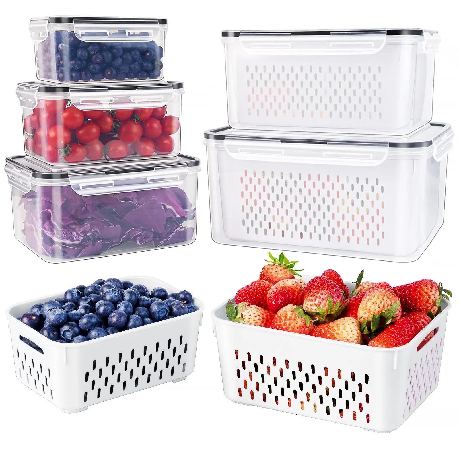 5-Pack Fridge Organizer Containers with Removable Colander – BPA-Free Stackable Food Storage