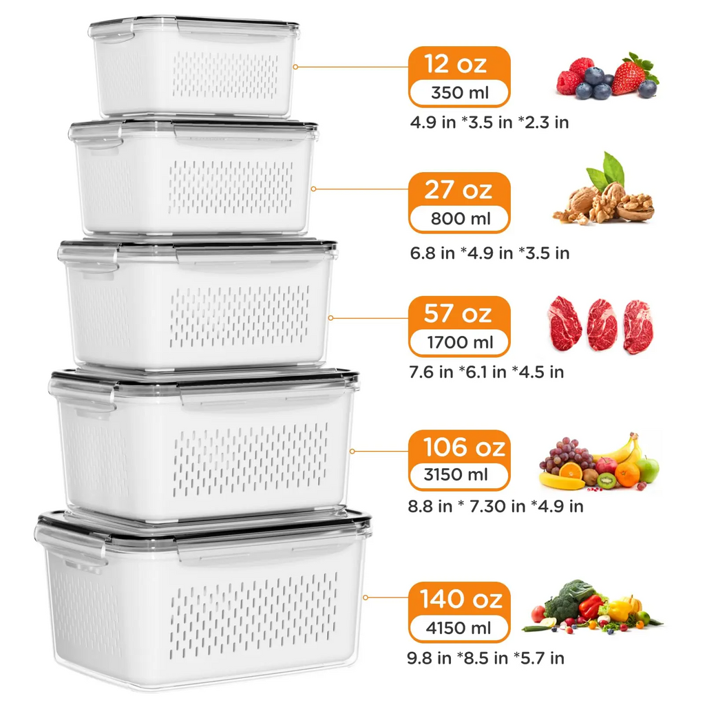 5-Pack Fridge Organizer Containers with Removable Colander – BPA-Free Stackable Food Storage