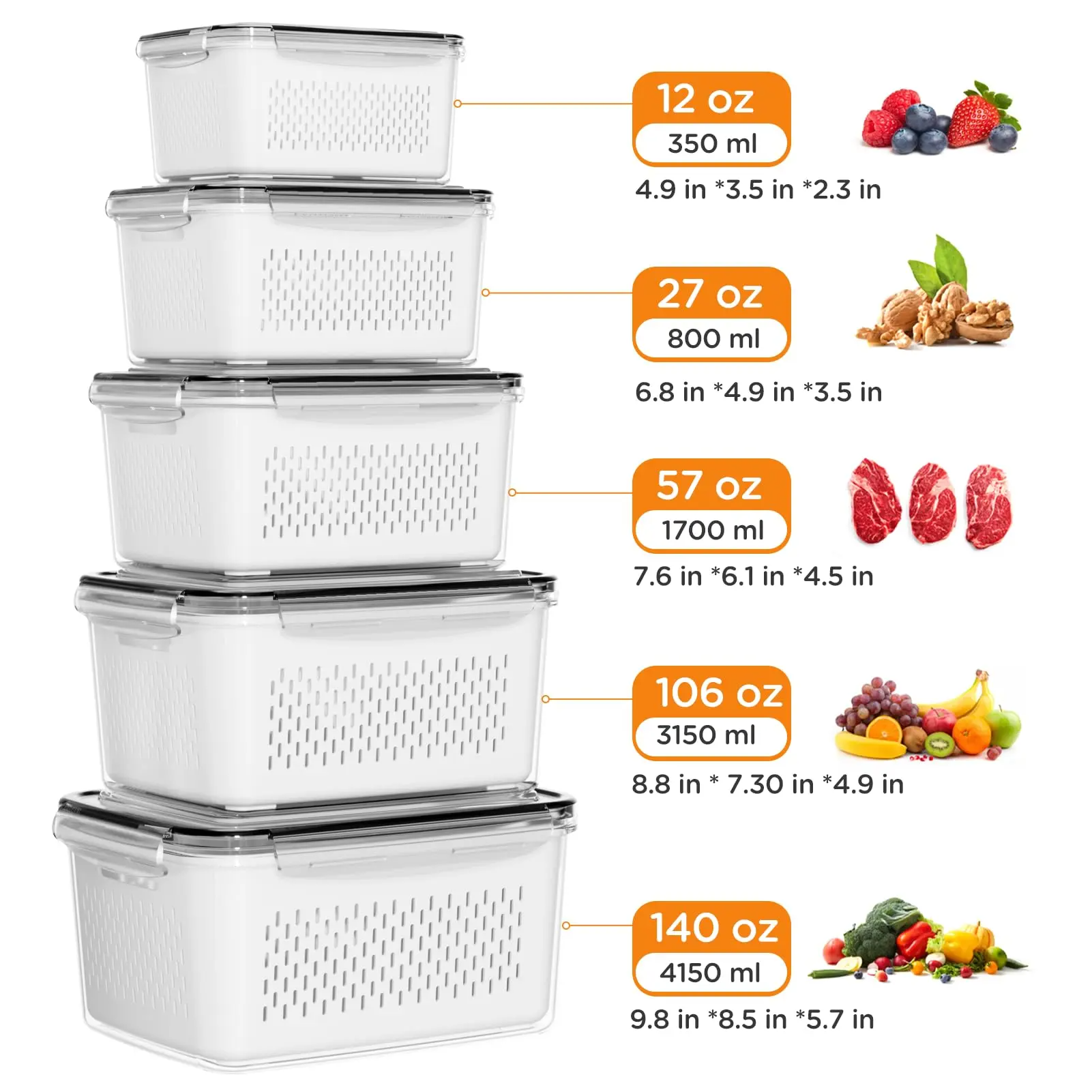 5-Pack Fridge Organizer Containers with Removable Colander – BPA-Free Stackable Food Storage
