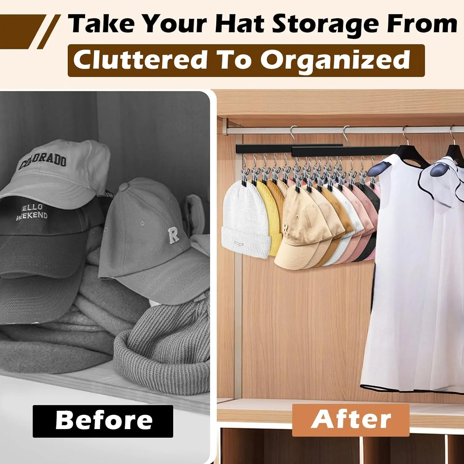Wooden Hat Organizer with Stainless Steel Clips – Holds Caps, Jeans & Pants | 2, 4 & 6 Pack