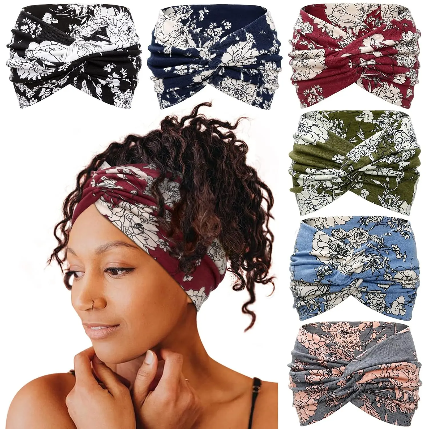 6-Pack Boho Wide Headbands – Stretchy Yoga & Workout Hair Wraps for Women