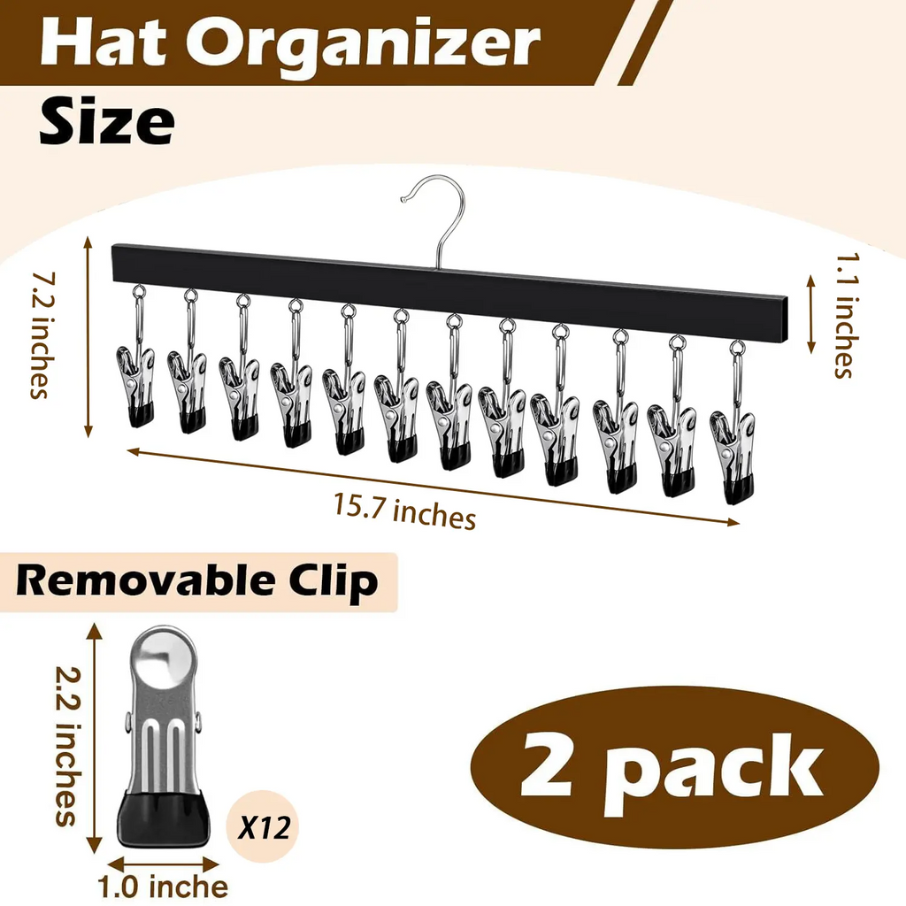 Wooden Hat Organizer with Stainless Steel Clips – Holds Caps, Jeans & Pants | 2, 4 & 6 Pack