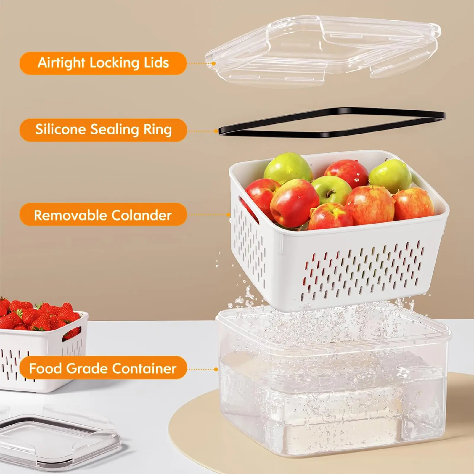 5-Pack Fridge Organizer Containers with Removable Colander – BPA-Free Stackable Food Storage