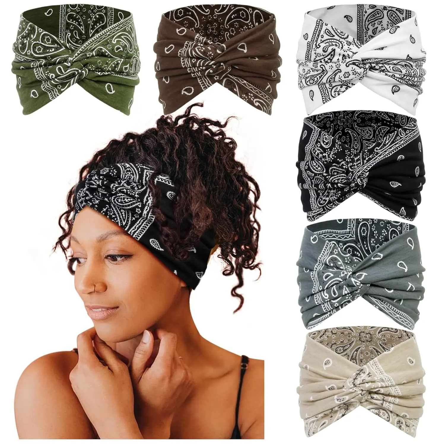 6-Pack Boho Wide Headbands – Stretchy Yoga & Workout Hair Wraps for Women