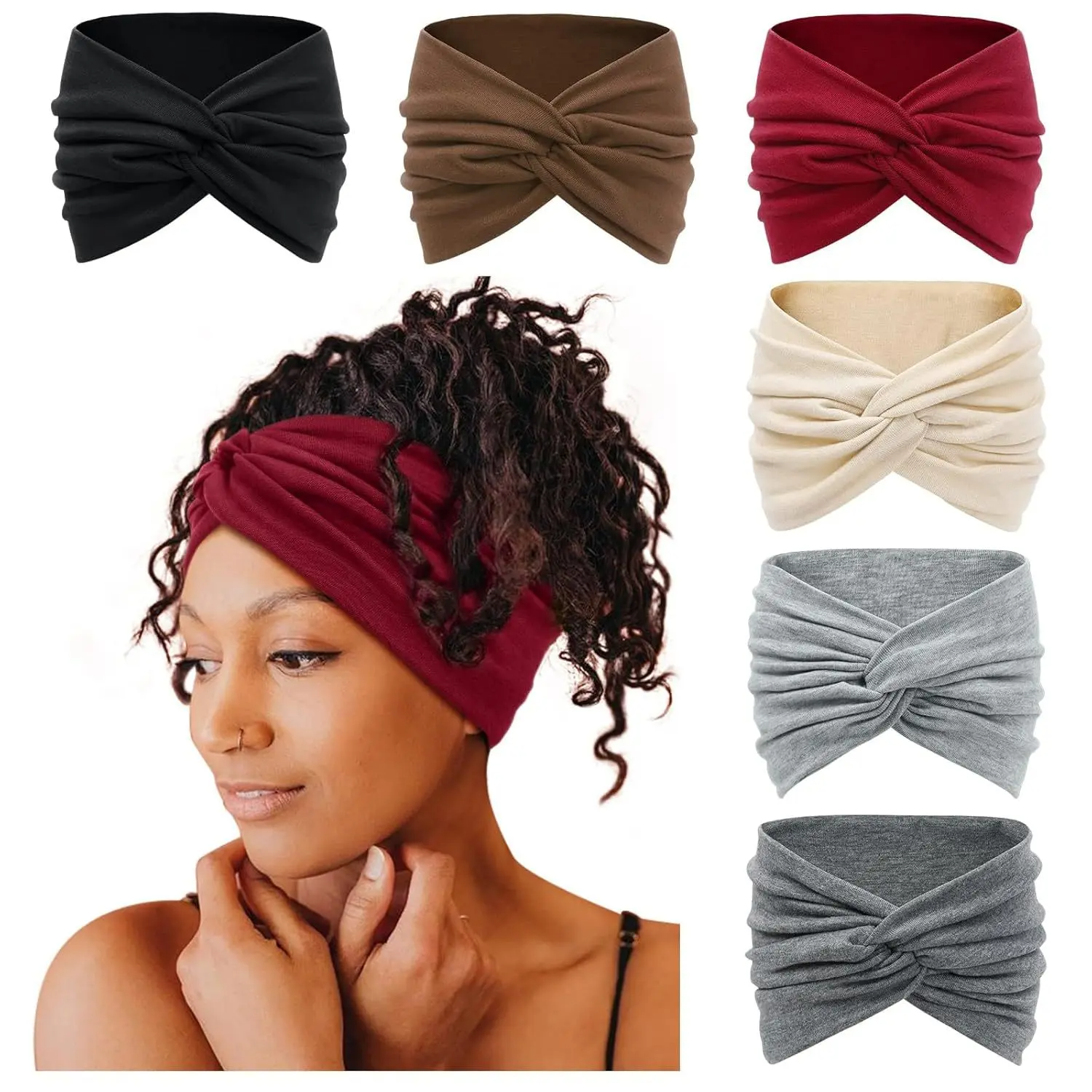 6-Pack Boho Wide Headbands – Stretchy Yoga & Workout Hair Wraps for Women