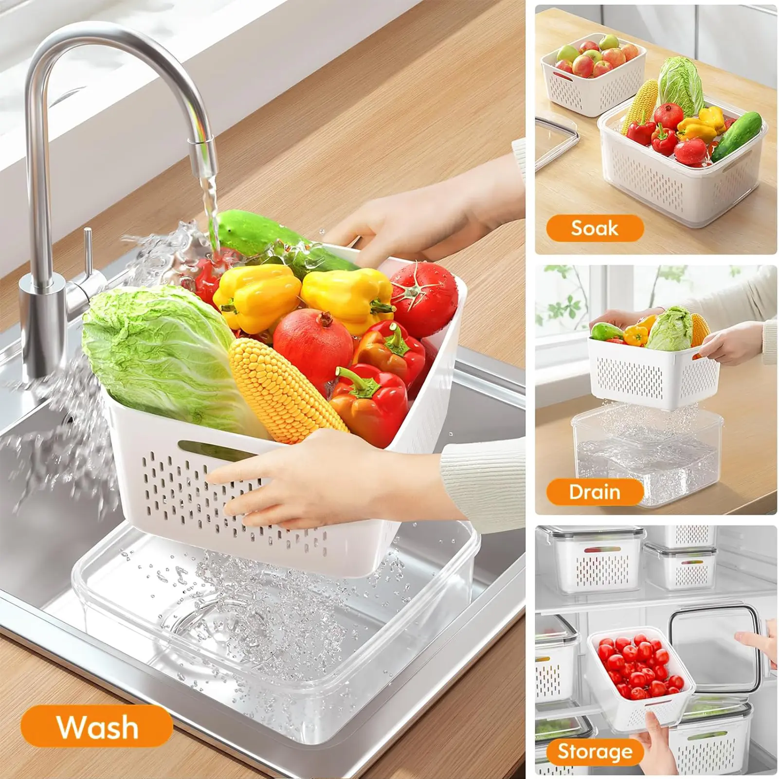 5-Pack Fridge Organizer Containers with Removable Colander – BPA-Free Stackable Food Storage