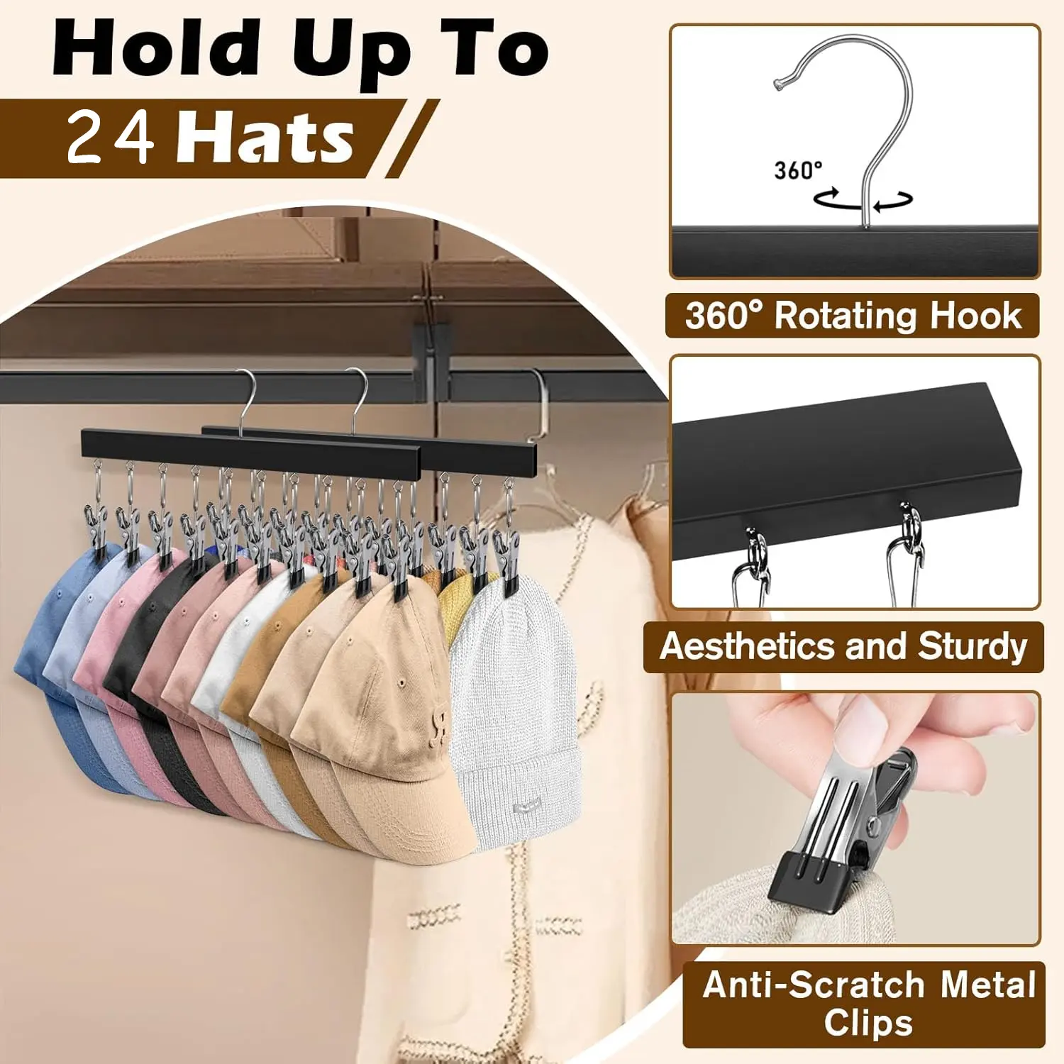 Wooden Hat Organizer with Stainless Steel Clips – Holds Caps, Jeans & Pants | 2, 4 & 6 Pack
