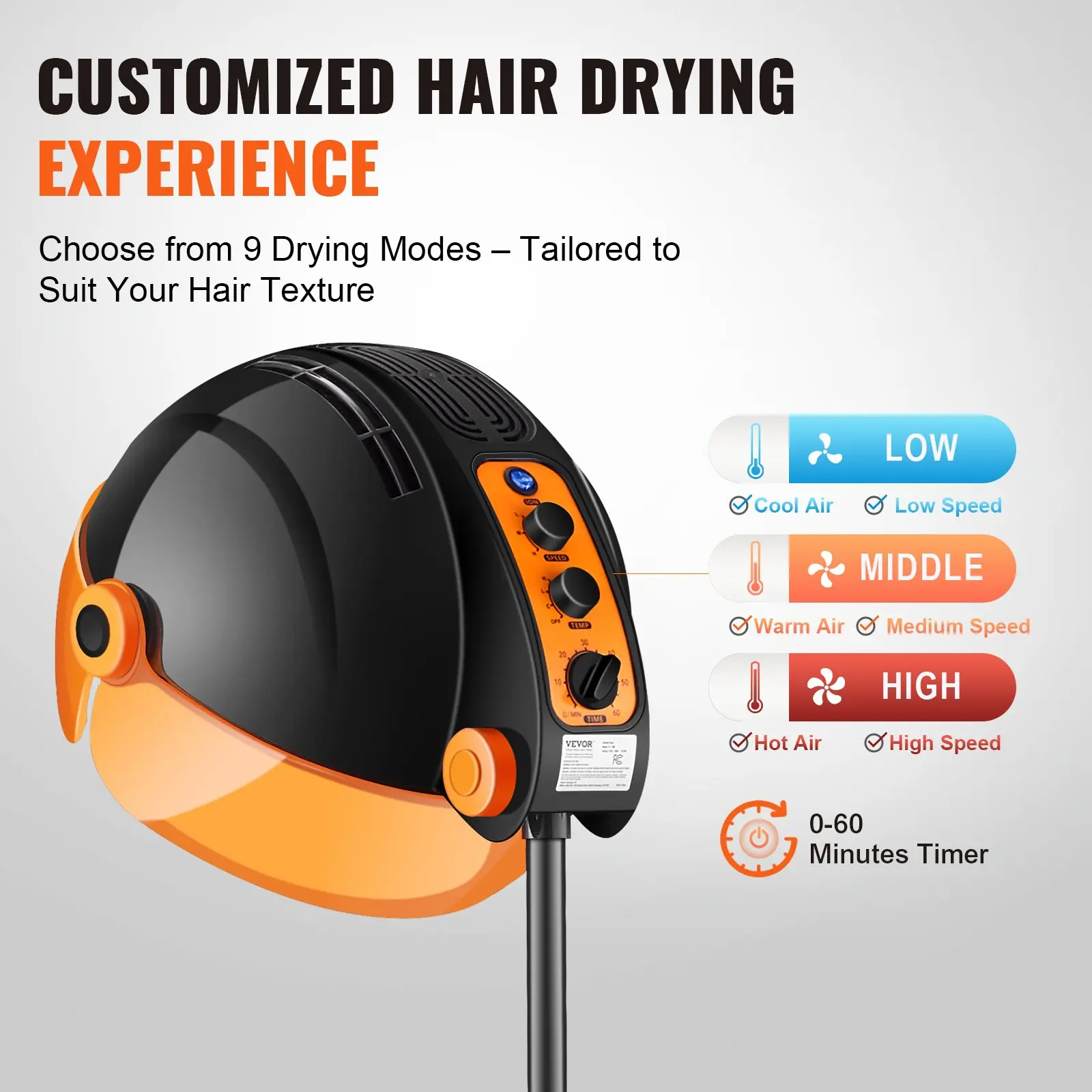 1Pcs onic Hood Dryer, 1875W Pro Bonnet Hair Dryer, Timer, 3 Temperature Levels Adjustable Speed, Mobile Floor Stand with Wheels for Salon Home Spa