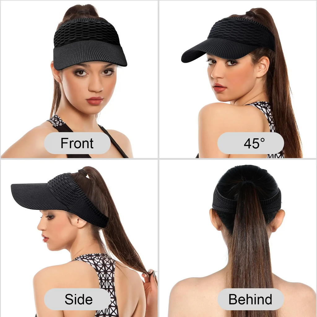Women's High Ponytail Sun Visor Hat (2-Pack) – UV Protection, Breathable Open-Top Cap for Running, Hiking & Beach