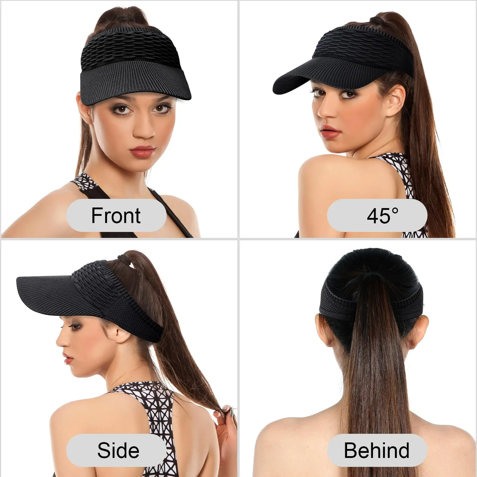 Women's High Ponytail Sun Visor Hat (2-Pack) – UV Protection, Breathable Open-Top Cap for Running, Hiking & Beach