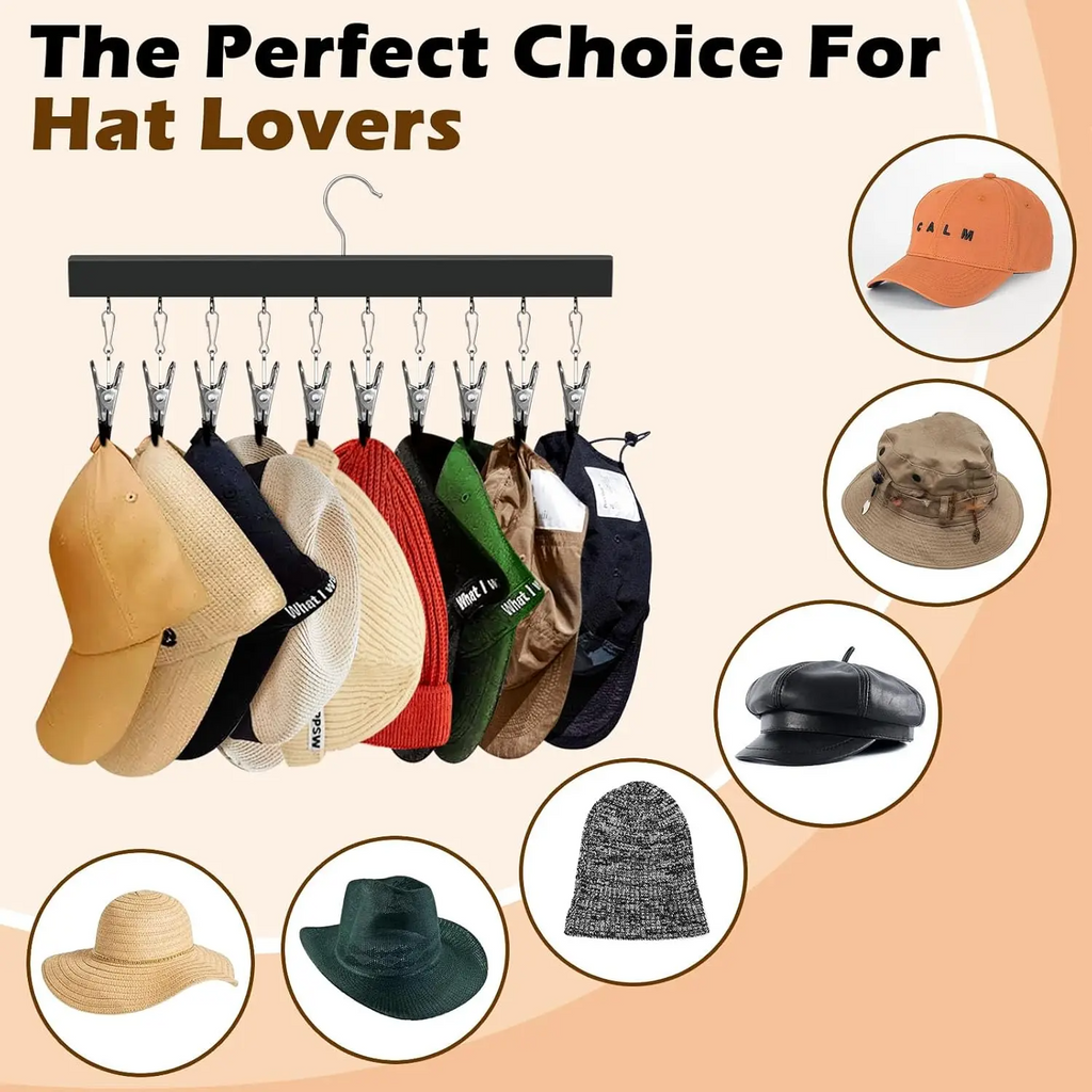 Wooden Hat Organizer with Stainless Steel Clips – Holds Caps, Jeans & Pants | 2, 4 & 6 Pack