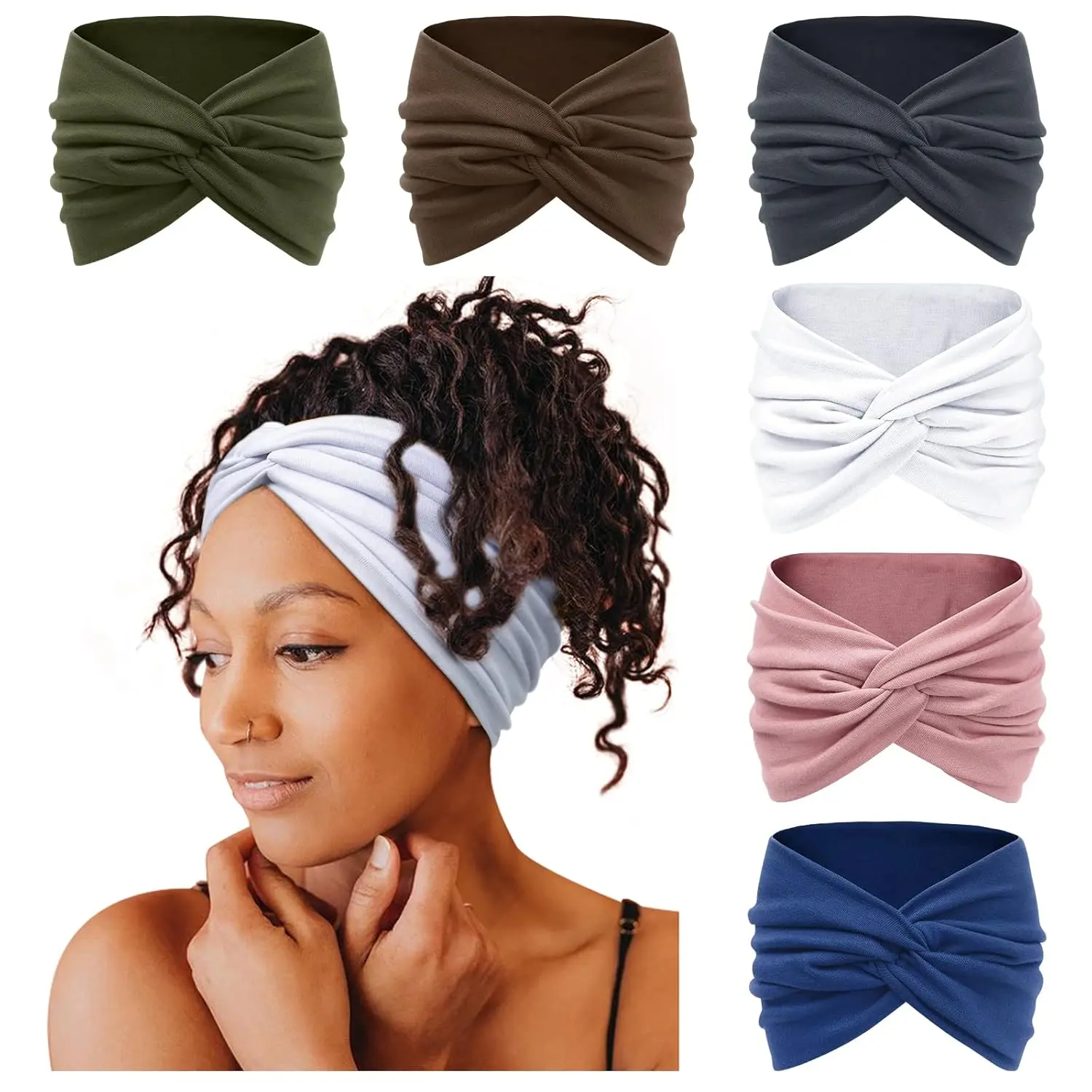 6-Pack Boho Wide Headbands – Stretchy Yoga & Workout Hair Wraps for Women