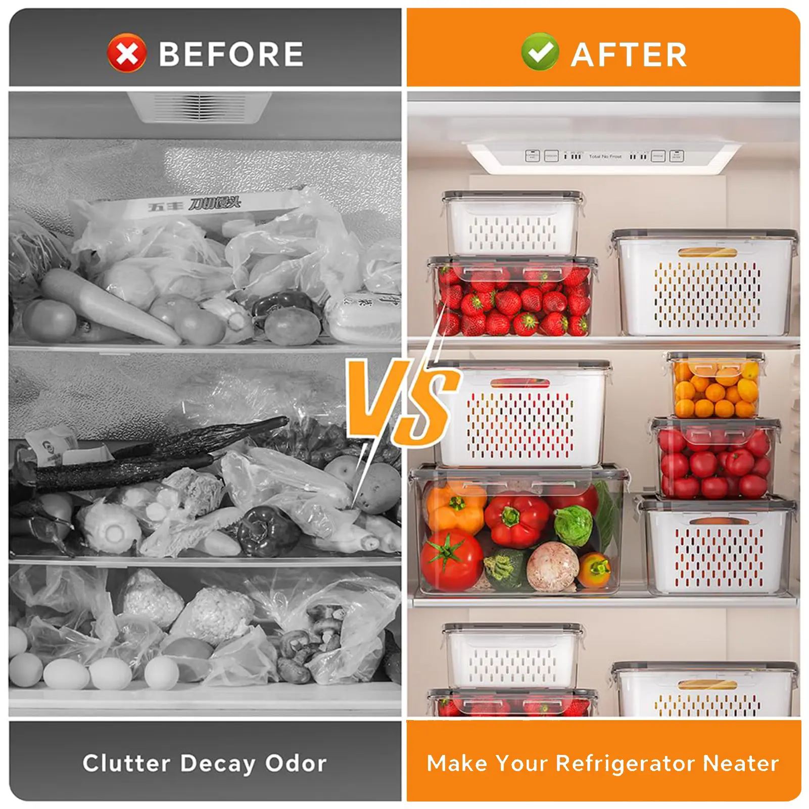 5-Pack Fridge Organizer Containers with Removable Colander – BPA-Free Stackable Food Storage