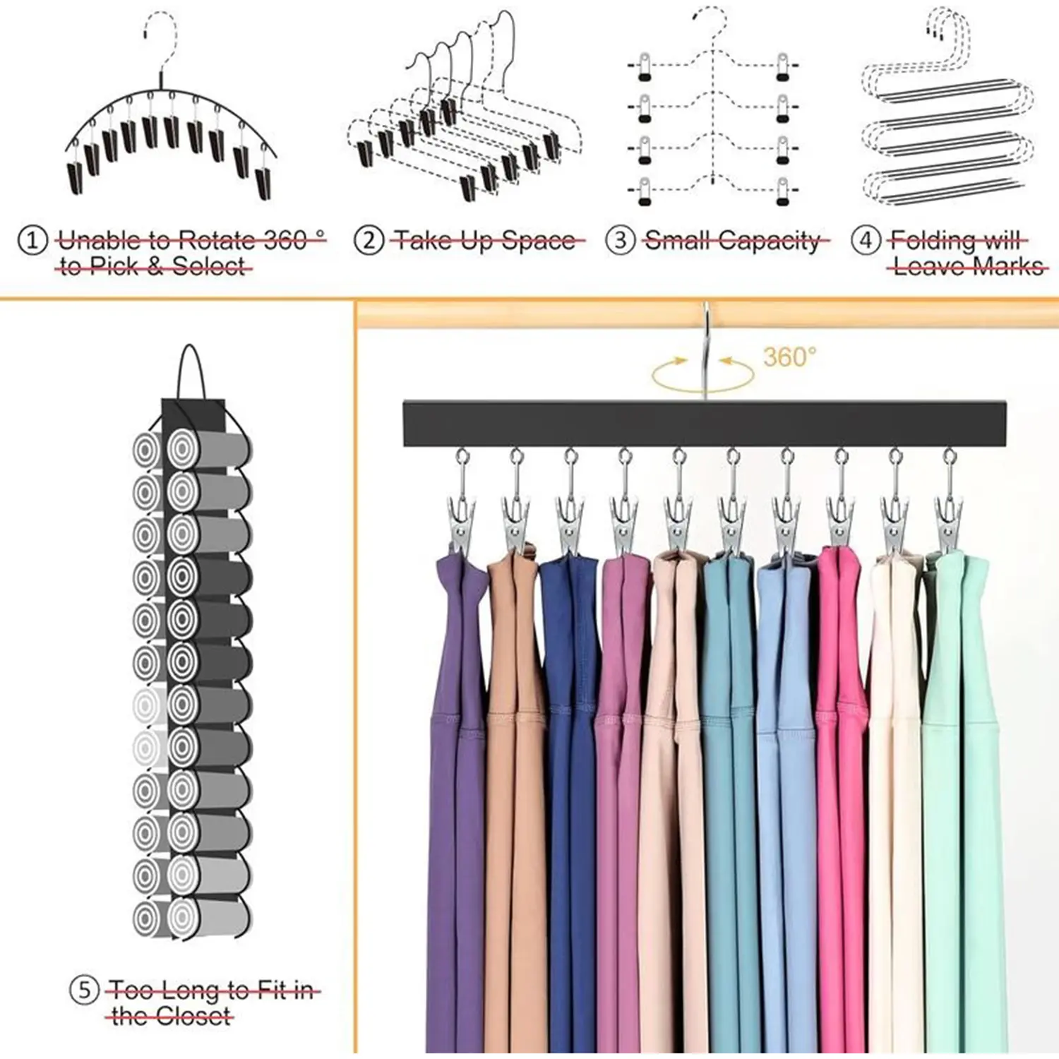 Wooden Hat Organizer with Stainless Steel Clips – Holds Caps, Jeans & Pants | 2, 4 & 6 Pack