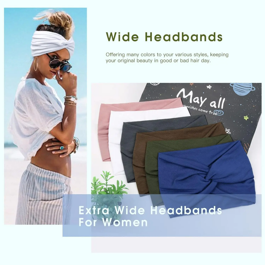 6-Pack Boho Wide Headbands – Stretchy Yoga & Workout Hair Wraps for Women