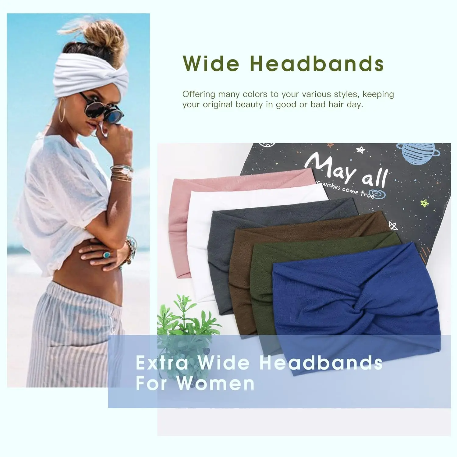 6-Pack Boho Wide Headbands – Stretchy Yoga & Workout Hair Wraps for Women