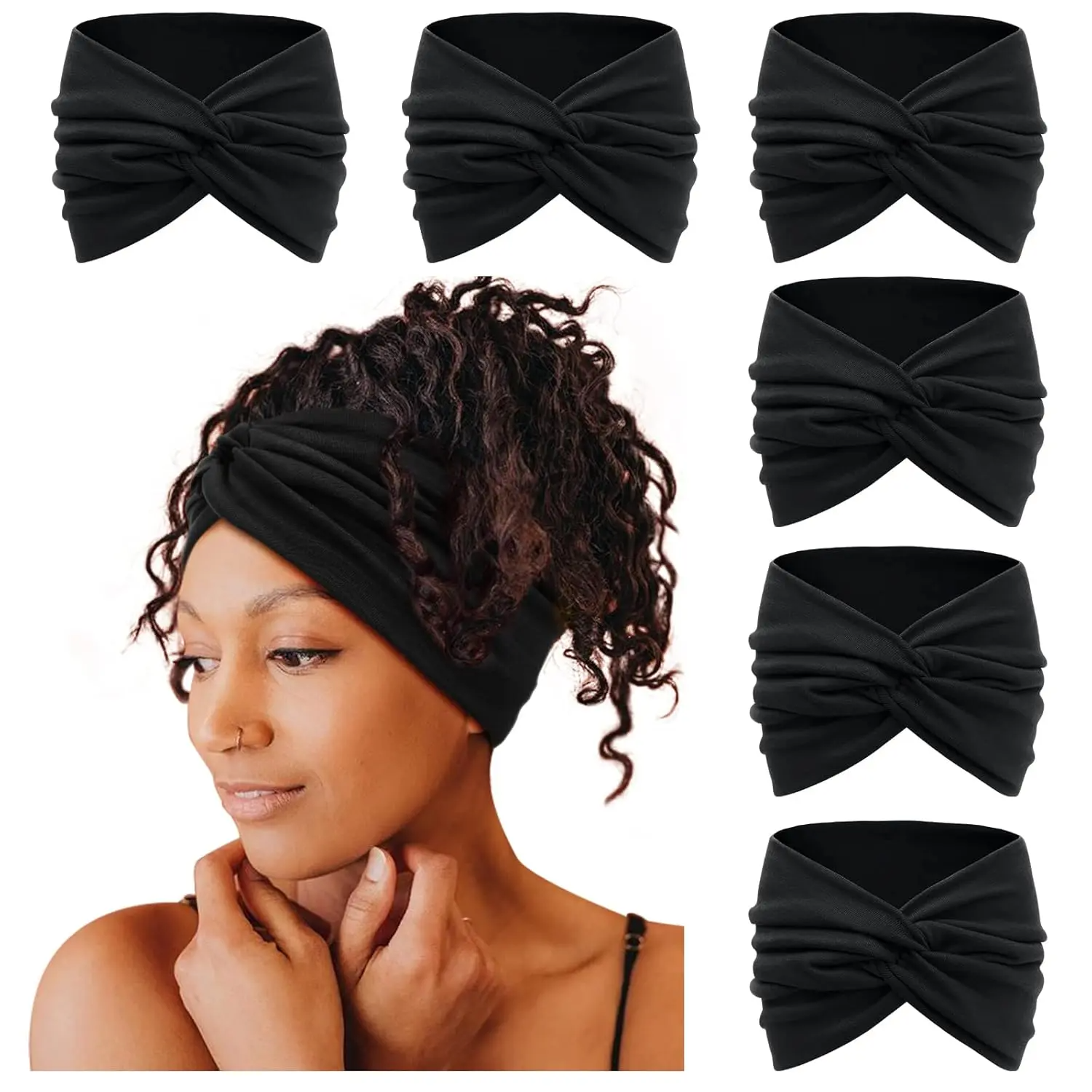 6-Pack Boho Wide Headbands – Stretchy Yoga & Workout Hair Wraps for Women