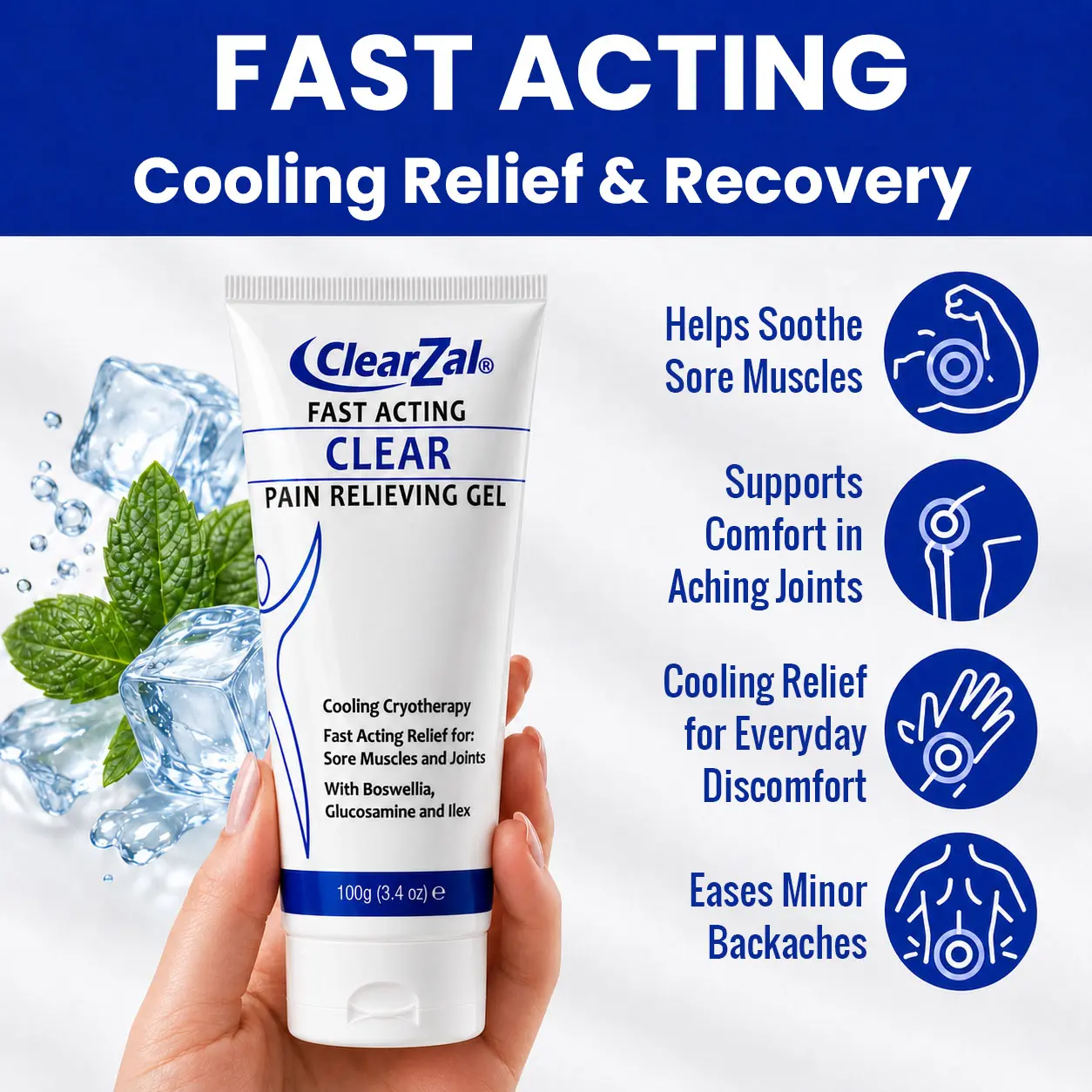 Clearzal Soothing Cooling Gel 100g – Menthol & Frankincense Relief for Muscles, Joints & Fatigue
