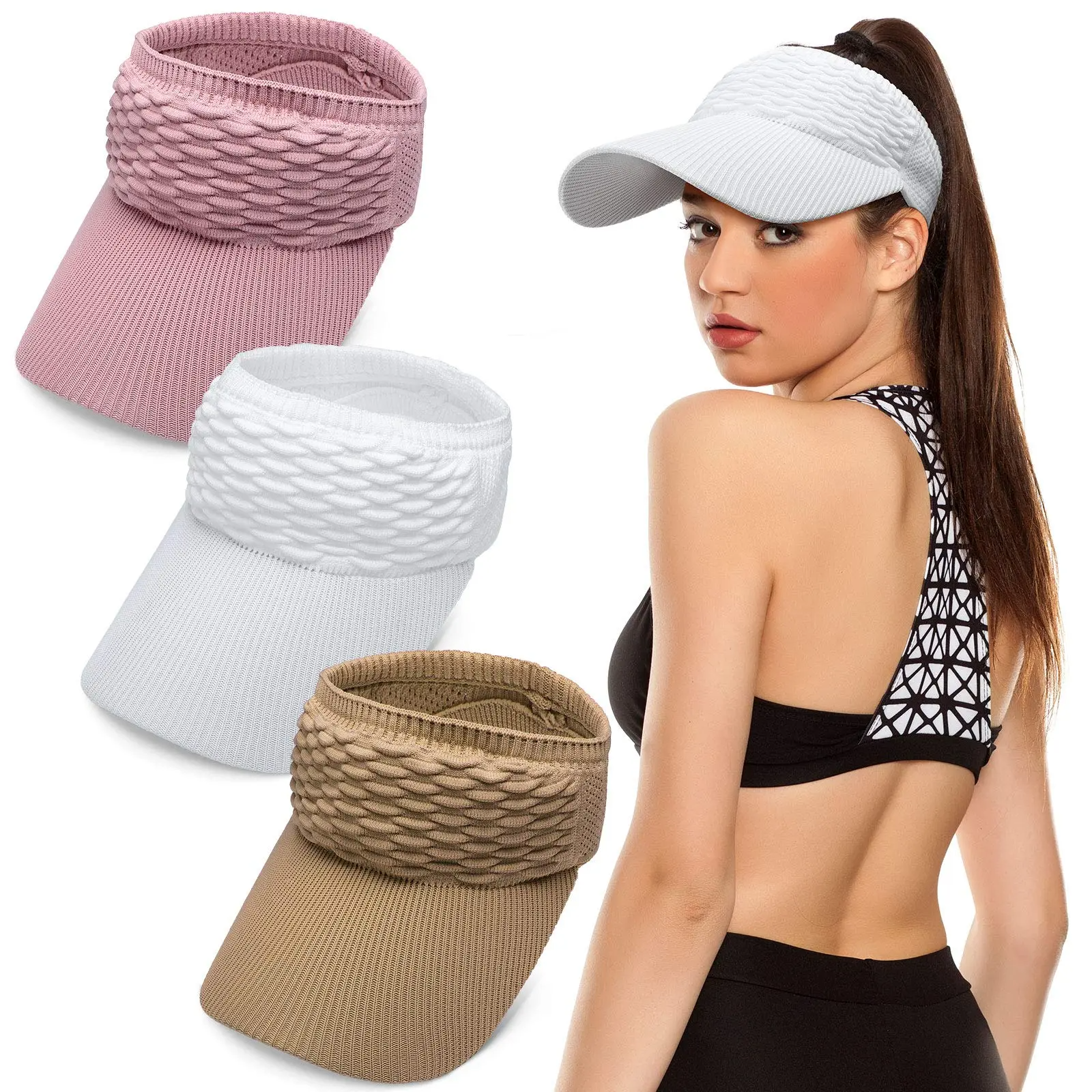 Women's High Ponytail Sun Visor Hat (2-Pack) – UV Protection, Breathable Open-Top Cap for Running, Hiking & Beach