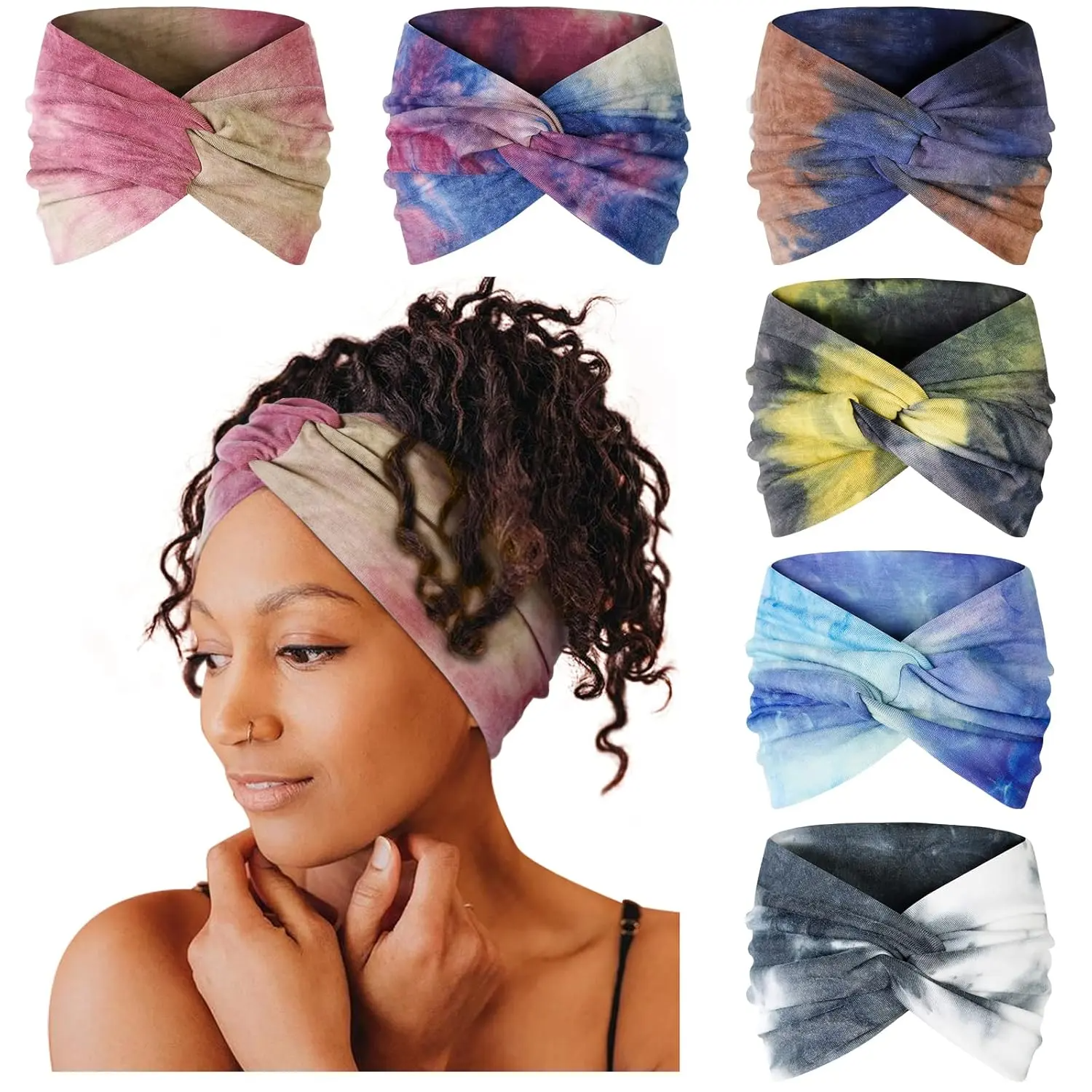 6-Pack Boho Wide Headbands – Stretchy Yoga & Workout Hair Wraps for Women