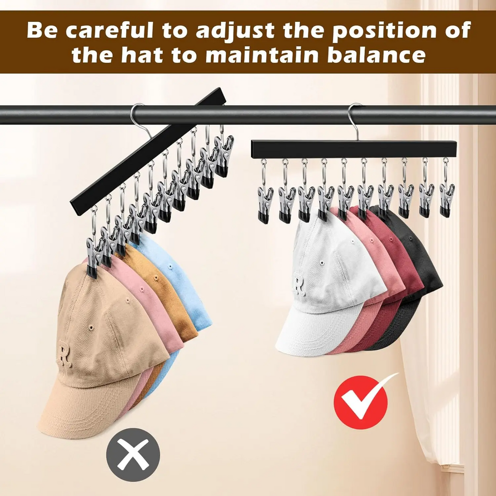Wooden Hat Organizer with Stainless Steel Clips – Holds Caps, Jeans & Pants | 2, 4 & 6 Pack