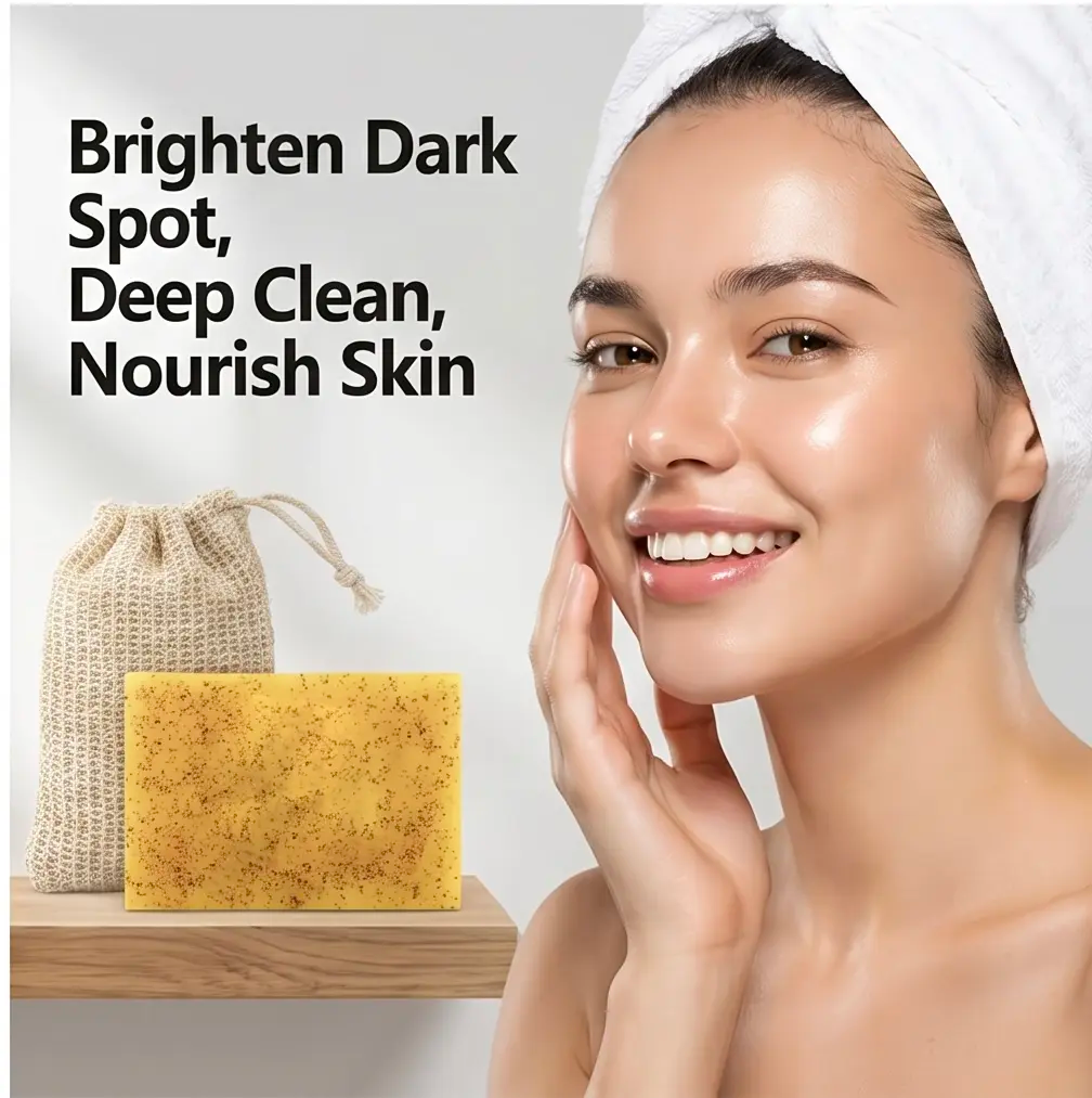 3Pcs Lemon Turmeric Kojic Acid Soap,Acne Remover, Deep Cleansing Facial Bar for Bright Radiant Skin, Free 3Pcs Soap Saver Exfoliating Bags Included kojic soap Moisturizing Cleanser