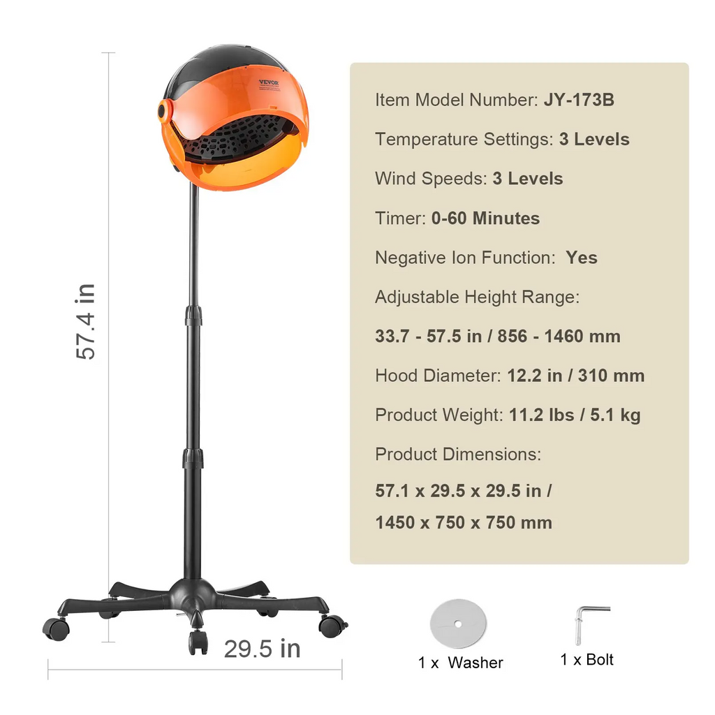 1Pcs onic Hood Dryer, 1875W Pro Bonnet Hair Dryer, Timer, 3 Temperature Levels Adjustable Speed, Mobile Floor Stand with Wheels for Salon Home Spa