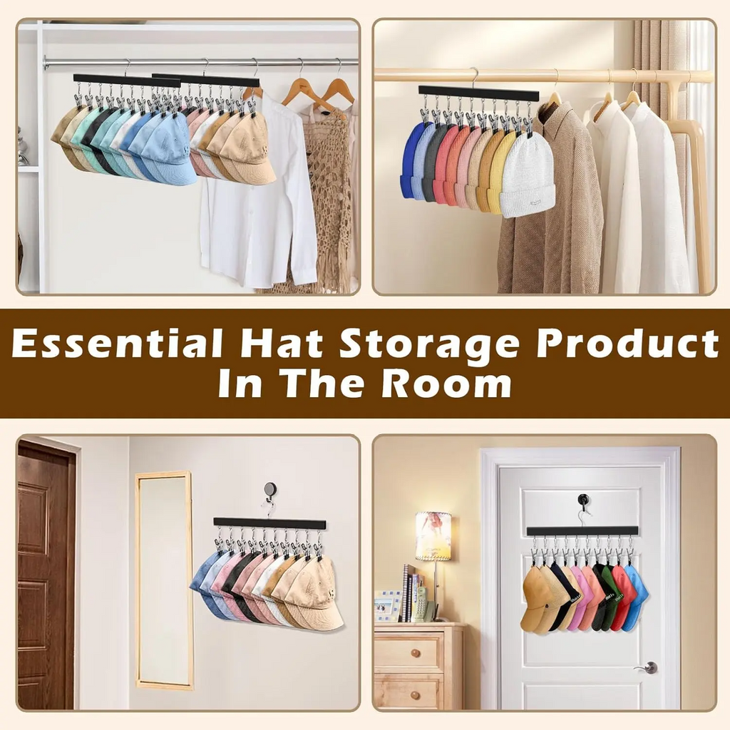Wooden Hat Organizer with Stainless Steel Clips – Holds Caps, Jeans & Pants | 2, 4 & 6 Pack
