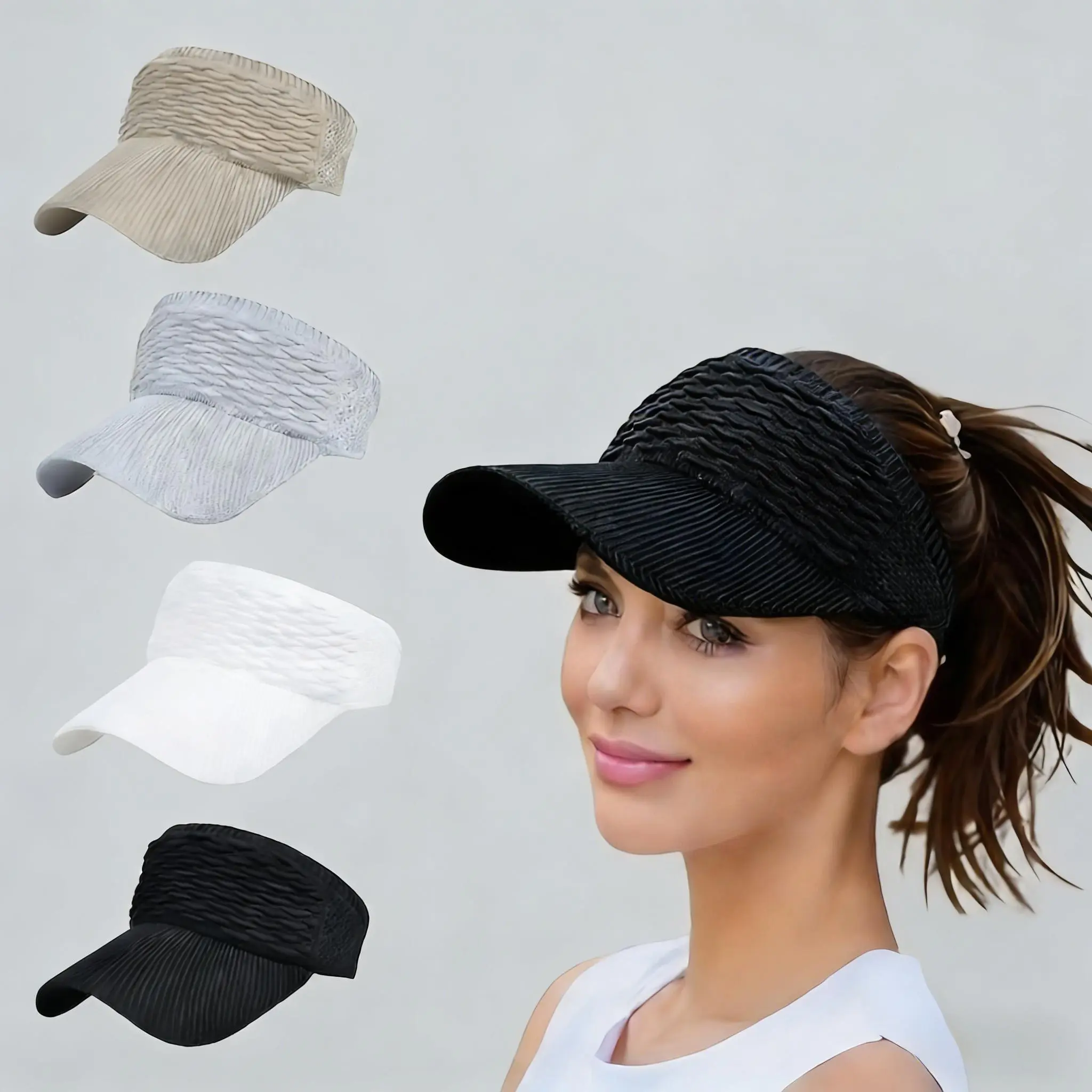 Women's High Ponytail Sun Visor Hat (2-Pack) – UV Protection, Breathable Open-Top Cap for Running, Hiking & Beach